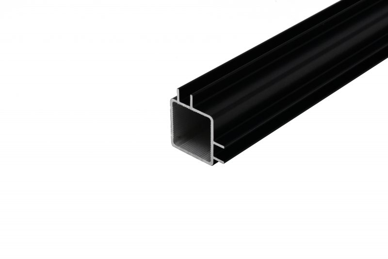 100-260-S Extruded aluminum tube with 0.25″ tall two-way standard captive fin by EZTube for 1/4″ panels for compact presentation in Matte Black Powder Coating