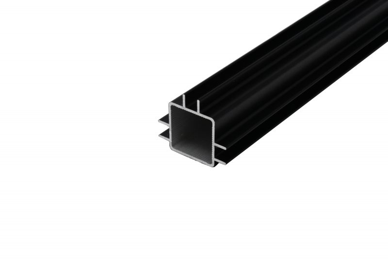 0.25″ tall 3-way t-slot extruded aluminum tube with standard captive fins. T slot extruded aluminum tube with extended captive fins by EZTube for 1/4″ panels for increased panel security in matte black powder coating