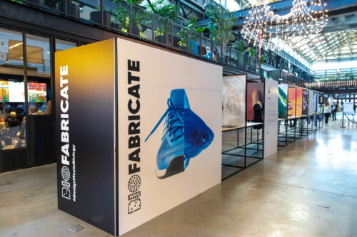 Biofabricate recyclable and sustainable clothing trade show display built with EZTube, the global supplier of commercial and industrial framing solutions available in aluminum, steel, stainless steel, and advanced composites. ©BIOFABRICATE™ Photo Credit Benjamin Lozovsky