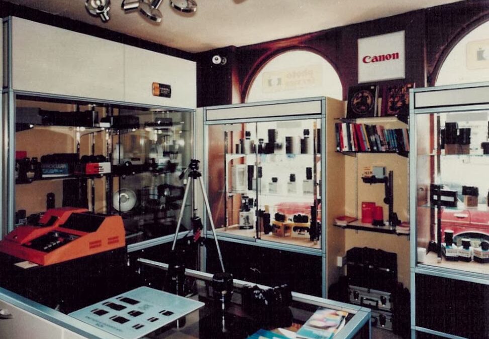 Displays, desks, and shelving built for a camera shop in the U.K. using EZTube Modular Framing System, the leading supplier of aluminum extrusions, stainless steel tubes, and steel tubes, as well as composite and welded steel core connectors