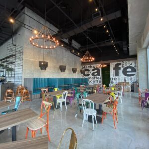 Restaurant using EZTube framing to build bars, tables, booths, lighting fixtures, storage racks, shelves, refrigerator organizers, coat racks, menu frames for boltless shelving t slot press fit connector style