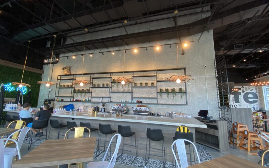 Restaurant using EZTube extrusion metal framing to build bars, tables, booths, lighting fixtures, storage racks, shelves, refrigerator organizers, coat racks, menu frames, and more. EZTube t slot style 80 tube 20 advanced extruded aluminum 6063 custom extrusion square frames
