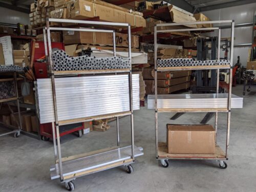 Custom-made EZTube carts with heavy-duty industrial wheels to organize tubes of various lengths