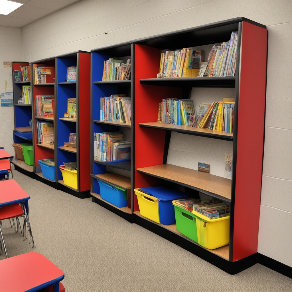 School bookshelf built using EZ Tube metal tube frame, square aluminum extrusion, extruded aluminum profiles, square tube frame system and wooden panels. Schools and universities use metal tubing, square aluminum extrusion, aluminum tube framing, steel tube framing, black aluminum square tubing, aluminum tube framing systems, 80 t slot 20 style profiles, and a steel tube framing system to build bookshelves, classroom desks, workshops, lockers, carts, laboratory carts, lab stations, STEM tools, and modular closets.