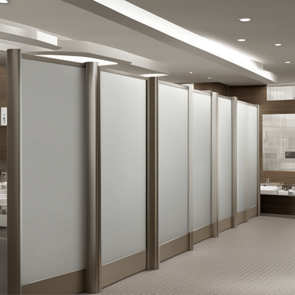 Commercial bathroom stalls featuring dividers made from durable extruded square profiles. Dividers can utilize T-slot and linear rail systems, constructed from various sizes of metal tubing, including 2-inch square tubing and 1-inch square tubing. The robust aluminum and steel structure ensures stability and privacy, with visible tube connectors that enhance the design's functionality.