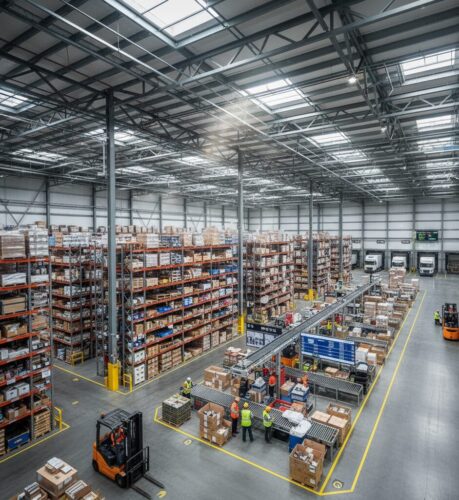 Overhead view of a large industrial distribution hub with pallets, forklifts, and workers, representing efficient B2B supply chains for wholesale industrial solutions.