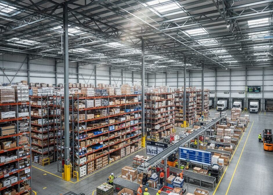 Overhead view of a large industrial distribution hub with pallets, forklifts, and workers, representing efficient B2B supply chains for wholesale industrial solutions.