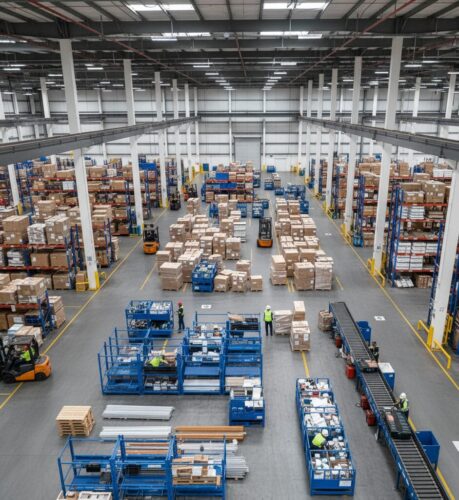 Wide aerial view of an EZTube industrial distribution warehouse, showcasing extensive inventory and efficient logistics for B2B wholesale industrial solutions.