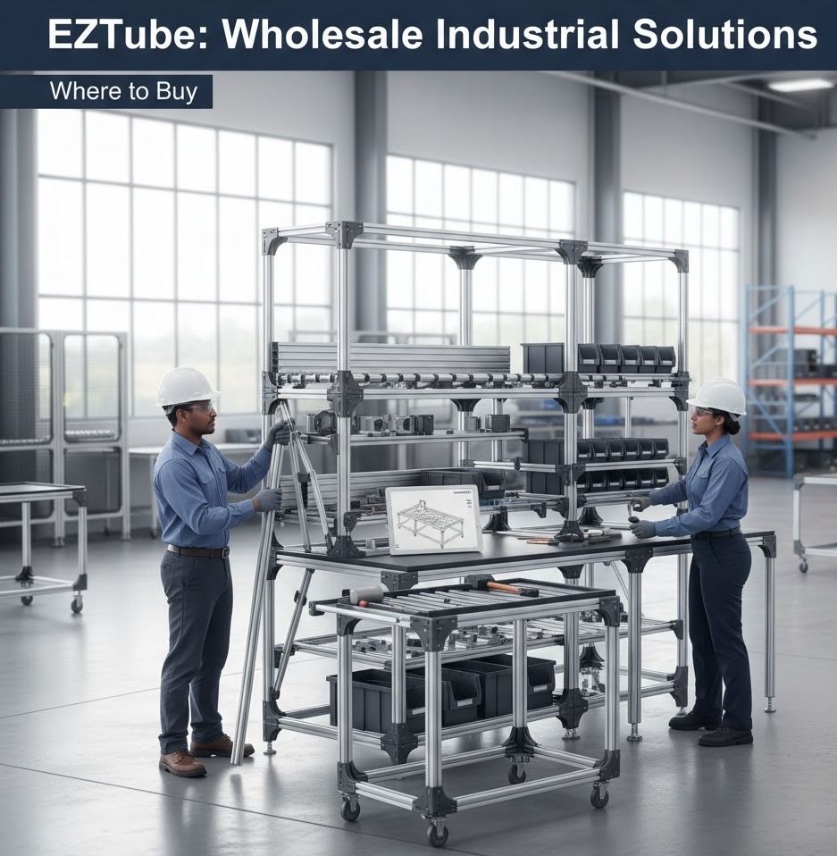Two industrial workers assemble a custom EZTube press-fit framing structure, demonstrating an EZTube wholesale industrial solution for a factory.